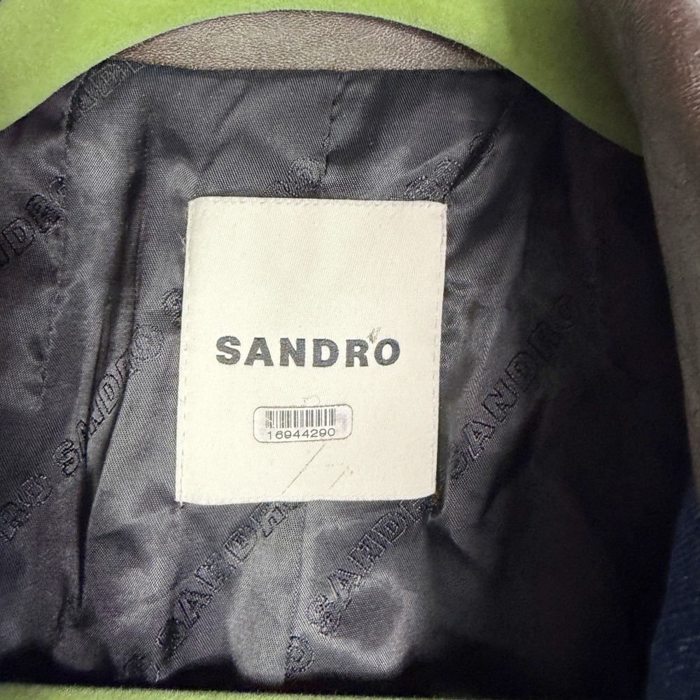SANDRO Denim Jacket Leather Collar Cropped Button Front Blue Sz 40 FR / 8 US - Picture 10 of 16